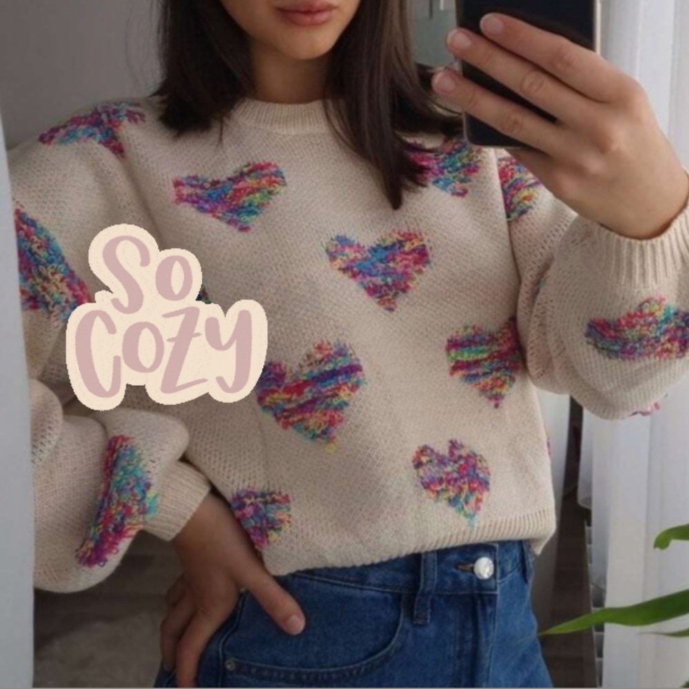 06 Cream Hearts Print Oversized Knit Sweater Top - Picture 1 of 7